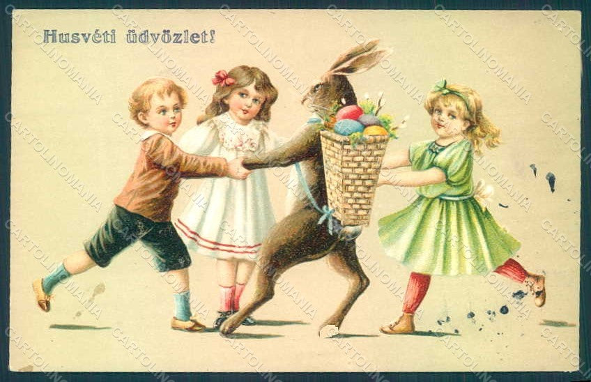 Greetings Easter Children Boy Girl Hare Dance EAS 17071 postcard HR0749 – fronte