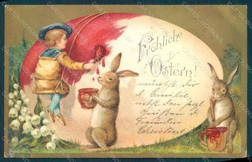 Greetings Easter Child Boy Hare Egg Kopal CORNER CREASED postcard HR0750 – fronte