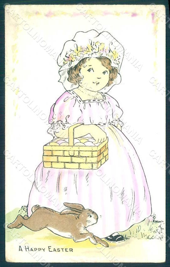 Greetings Easter Child Girl Rabbit Hand Painted postcard HR0751 – fronte