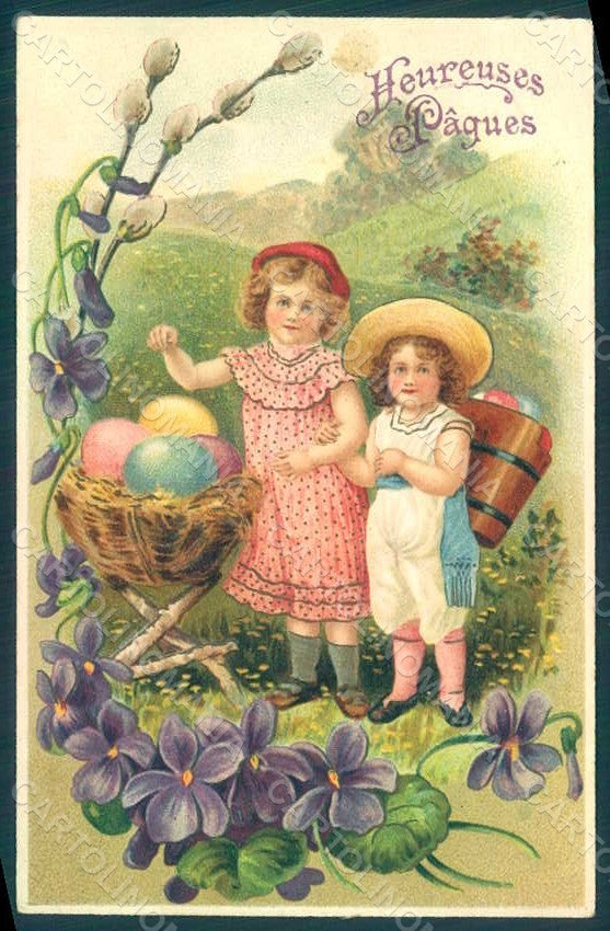 Greetings Easter Children Child Boy Girl Violets Flowers postcard HR0752 – fronte