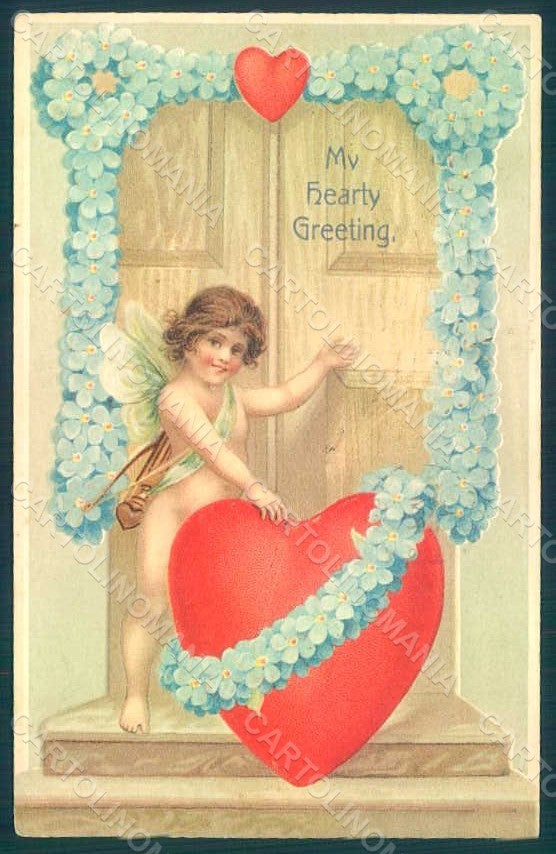 Greetings Valentine Fairy Cupid Flowers Myosotis Relief postcard HR0757 – fronte