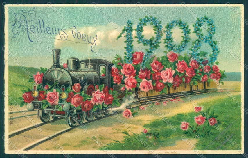 Greetings New Year 1908 Train Roses Myosotis Relief postcard HR0761 – fronte