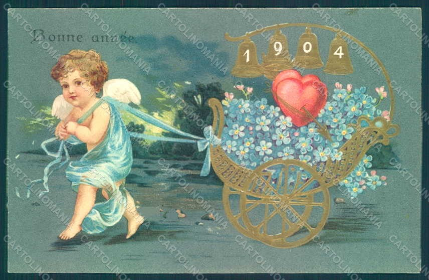 Greetings New Year 1904 Valentine Cupid Myosotis Relief postcard HR0762 – fronte