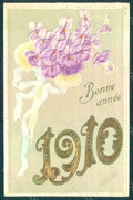 Greetings New Year 1910 Violets Flowers Relief postcard HR0764 – fronte