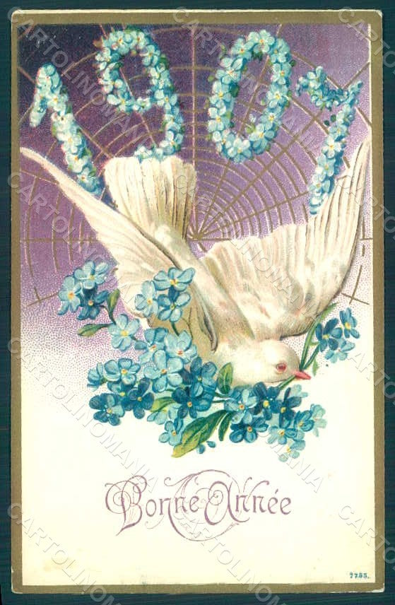 Greetings New Year 1907 Dove Web Flowers Myosotis s. 7755 Relief postcard HR0765 – fronte