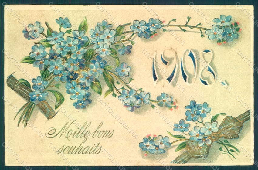 Greetings New Year 1908 Flowers Myosotis Relief postcard HR0767 – fronte
