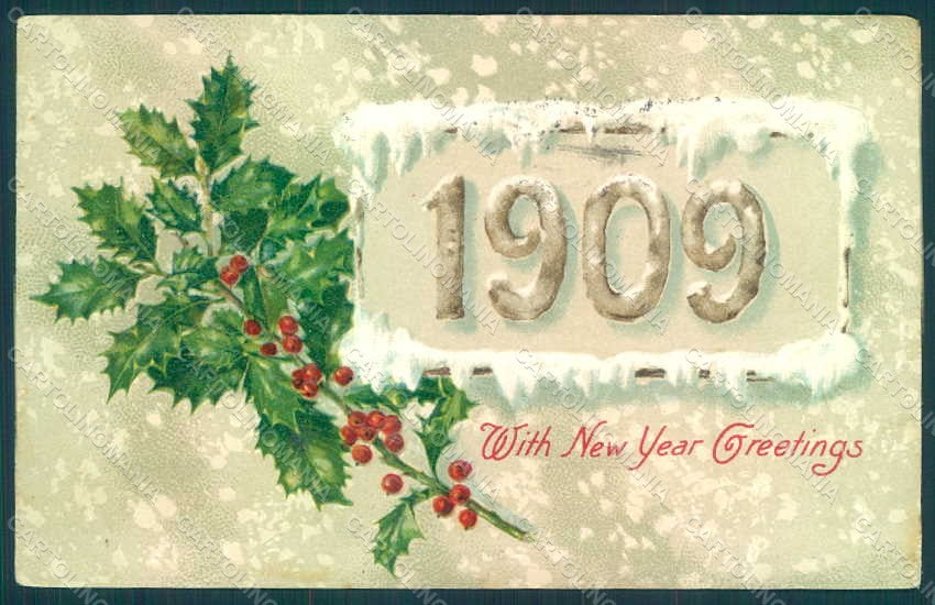 Greetings New Year 1909 Christmas Holly Relief postcard HR0770 – fronte