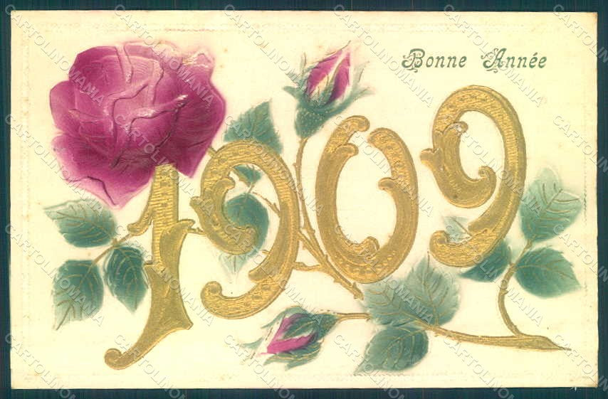 Greetings New Year 1909 Roses serie 118 Relief postcard HR0773 – fronte