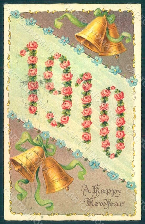 Greetings New Year 1910 Roses Bells serie 797 Relief postcard HR0775 – fronte