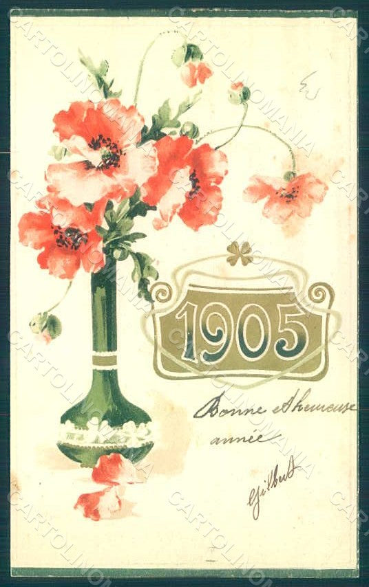 Greetings New Year 1905 Poppies Klein ? ERIKA 2044 Relief postcard HR0778 – fronte