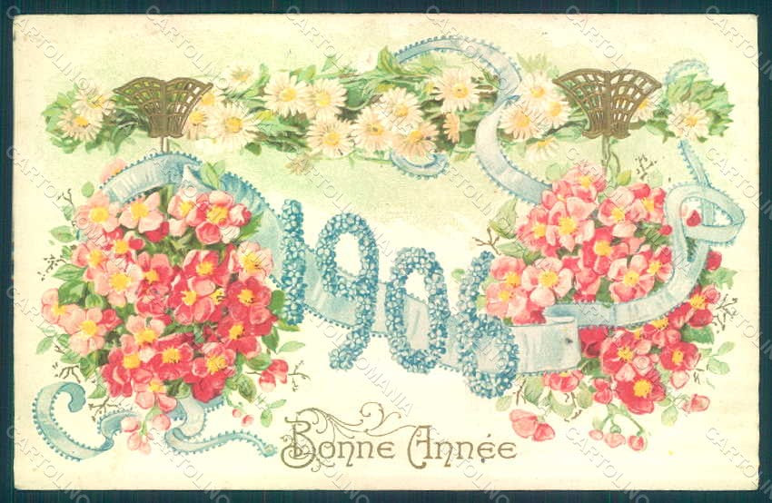 Greetings New Year 1906 Flowers serie 1355 Relief postcard HR0781 – fronte