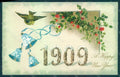 Greetings New Year 1909 Flowers Myosotis Bell Bird Holly Relief postcard HR0786 – fronte