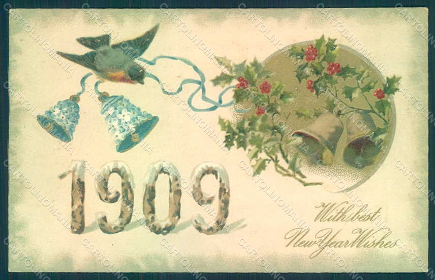 Greetings New Year 1909 Flowers Myosotis Bell Bird Holly Relief postcard HR0787 – fronte