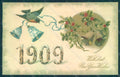 Greetings New Year 1909 Flowers Myosotis Bell Bird Holly Relief postcard HR0787 – fronte