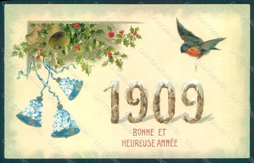 Greetings New Year 1909 Flowers Myosotis Bell Bird Holly Relief postcard HR0788 – fronte
