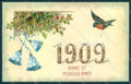 Greetings New Year 1909 Flowers Myosotis Bell Bird Holly Relief postcard HR0788 – fronte