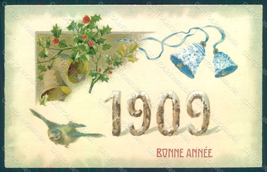 Greetings New Year 1909 Flowers Myosotis Bell Bird Holly Relief postcard HR0789 – fronte
