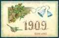Greetings New Year 1909 Flowers Myosotis Bell Bird Holly Relief postcard HR0789 – fronte