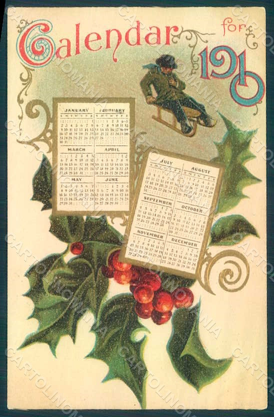 Greetings New Year Calendar 1910 Holly Relief postcard HR0791 – fronte