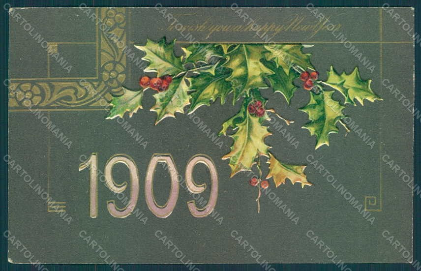 Greetings New Year 1909 Holly Relief postcard HR0796 – fronte