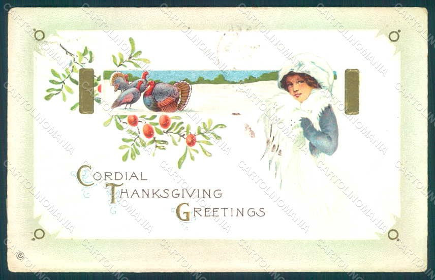 Greetings Lady Thanksgiving Turkey serie 340e Relief WRINKLES postcard HR0802 – fronte