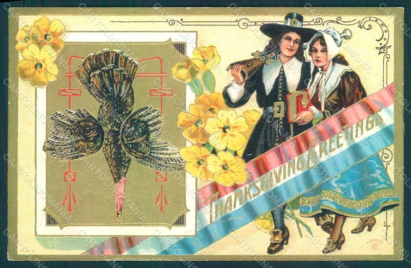 Greetings Lady Couple Thanksgiving Turkey Relief postcard HR0803 – fronte