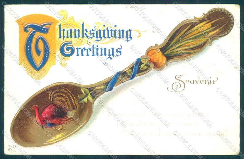 Greetings Thanksgiving Turkey Spoon Relief postcard HR0815 – fronte