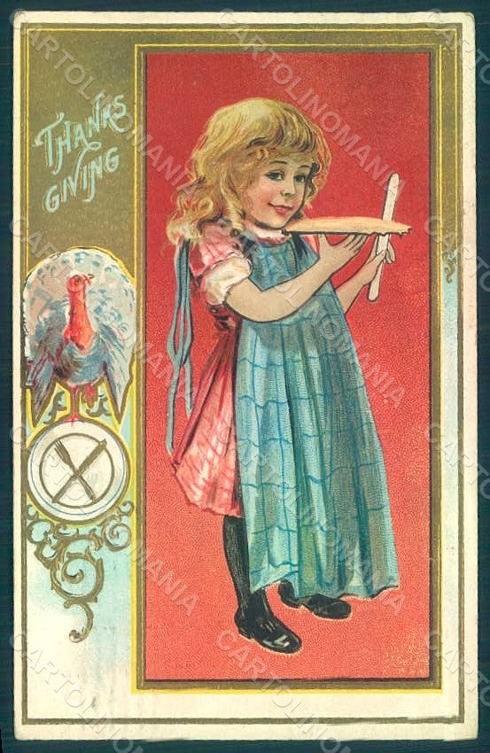 Greetings Thanksgiving Turkey Girl Relief postcard HR0819 – fronte