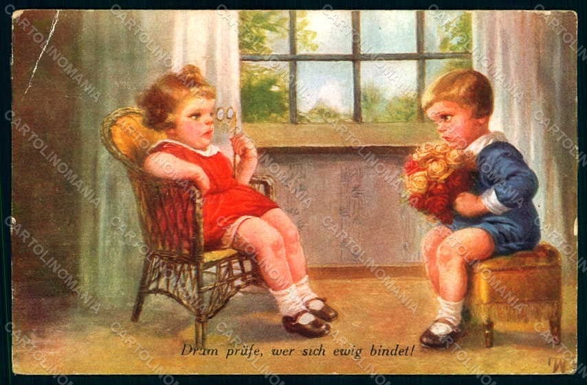 Artist Signed Fialkowska W Children Boy Girl serie 1910 CORNER CREASED pc HR0846 – fronte