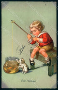 Artist Signed Fialkowska W. Child Boy Gold Fish serie 1396 postcard HR0868 – fronte