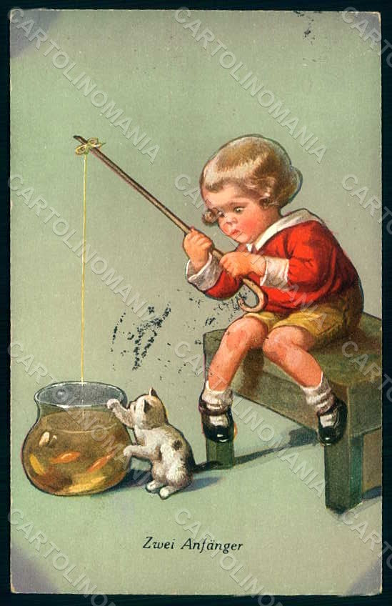 Artist Signed Fialkowska W. Child Boy Gold Fish serie 1396 postcard HR0868 – fronte