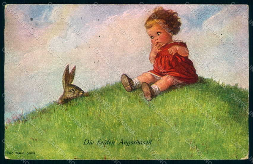 Artist Signed Fialkowska W. Rabbit Girl serie 802 CORNER CREASED postcard HR0907 – fronte
