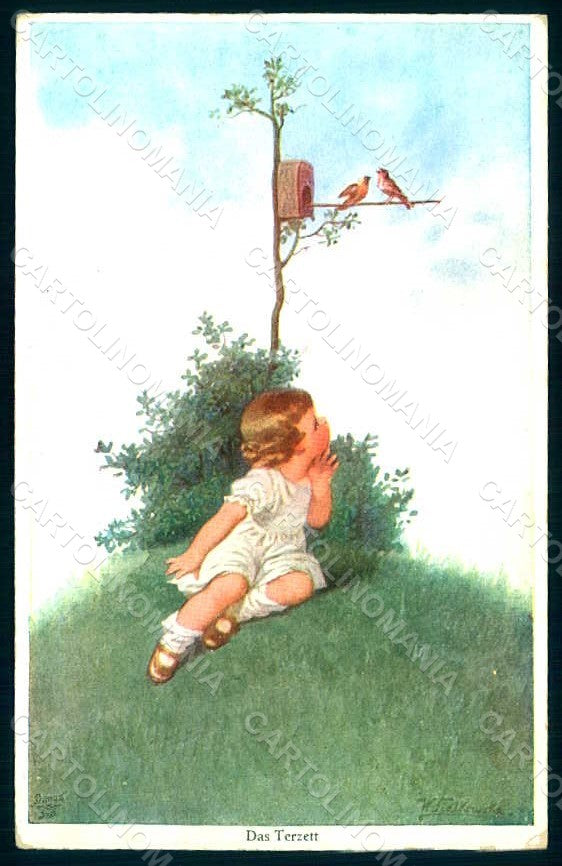 Artist Signed Fialkowska W. Child Girl Birds serie 03372 postcard HR0917 – fronte
