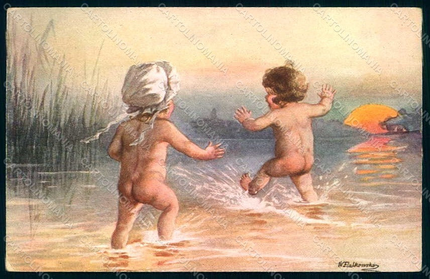 Artist Signed Fialkowska W. Children Nude Boy Girl serie 1025 postcard HR0927 – fronte