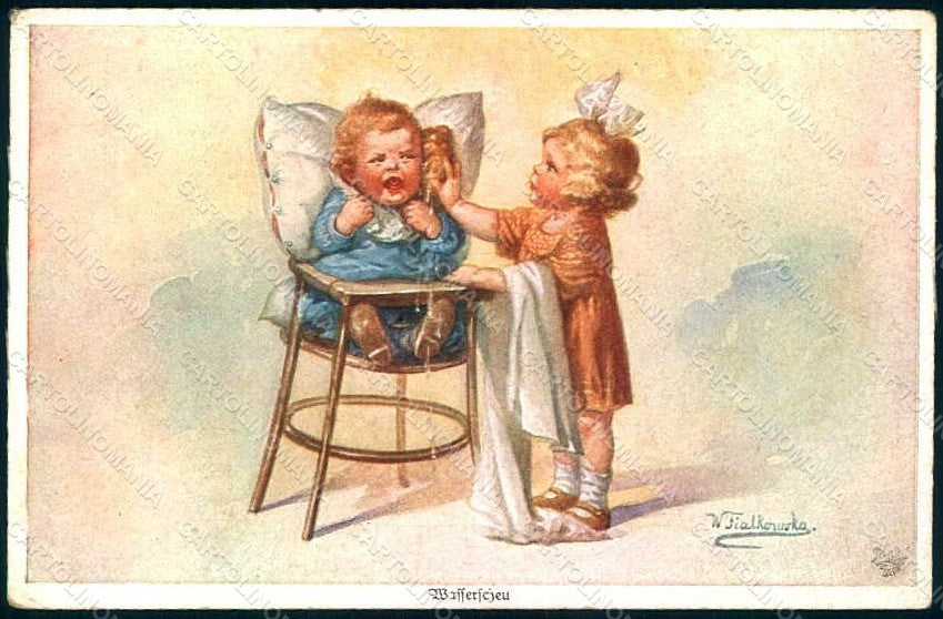 Artist Signed Fialkowska W. Children Boy Girl serie 1142 postcard HR0929 – fronte