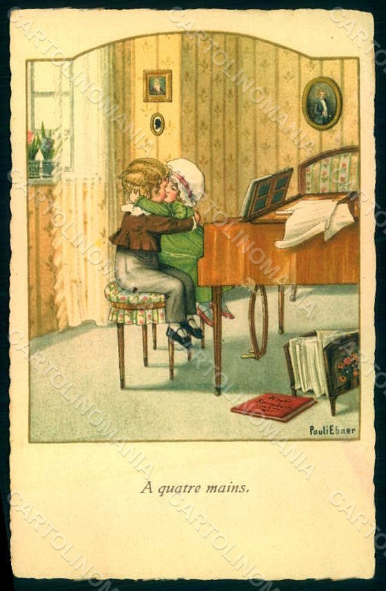 Artist Signed Ebner P. Children Kiss Piano serie 1205 postcard HR0974 – fronte