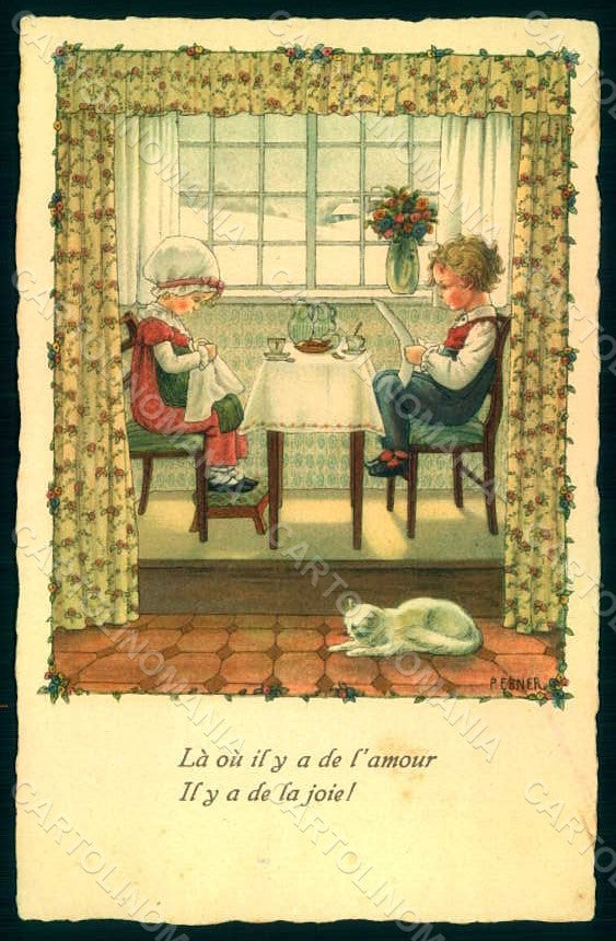 Artist Signed Ebner P. Children Cat postcard HR0976 – fronte