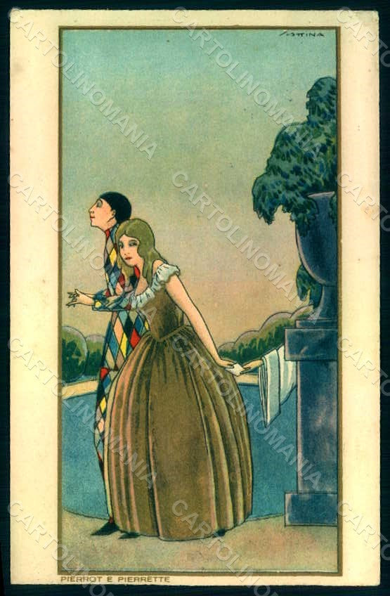 Artist Signed Scattina Lady Pierrot Pierrette Sborgi TEARED postcard HR0981 – fronte