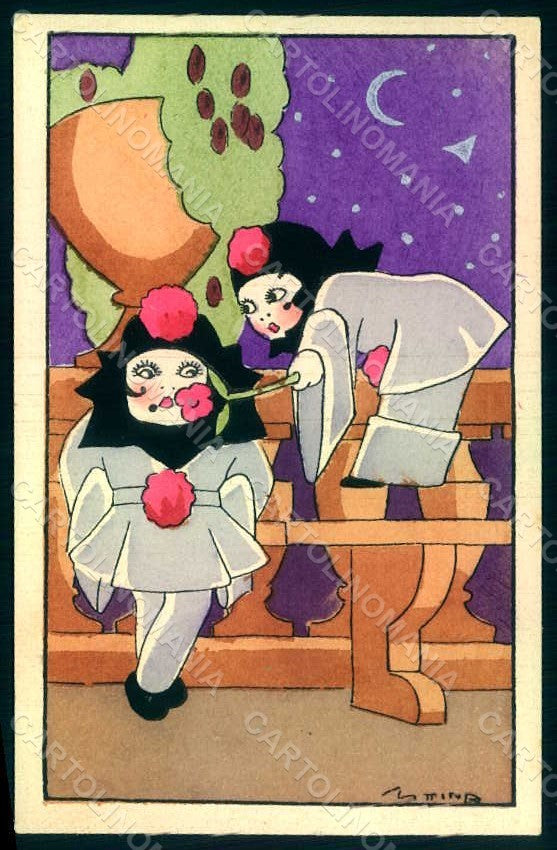 Artist Signed Scattina Children Pierrot Pierrette Sborgi postcard HR0982 – fronte