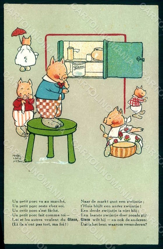 Artist Signed Attwell M. L. Glaxo Advertising Dressed Pig serie 4 pc HR0999 – fronte