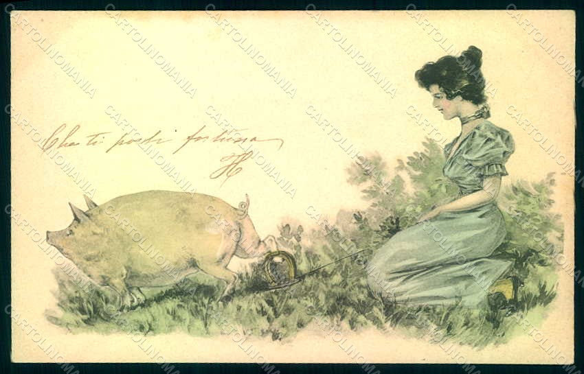 Artist Signed Raschka Kirchner ? Glamour Fashion Lady Pig Luck BRW 382 pc HR1009 – fronte