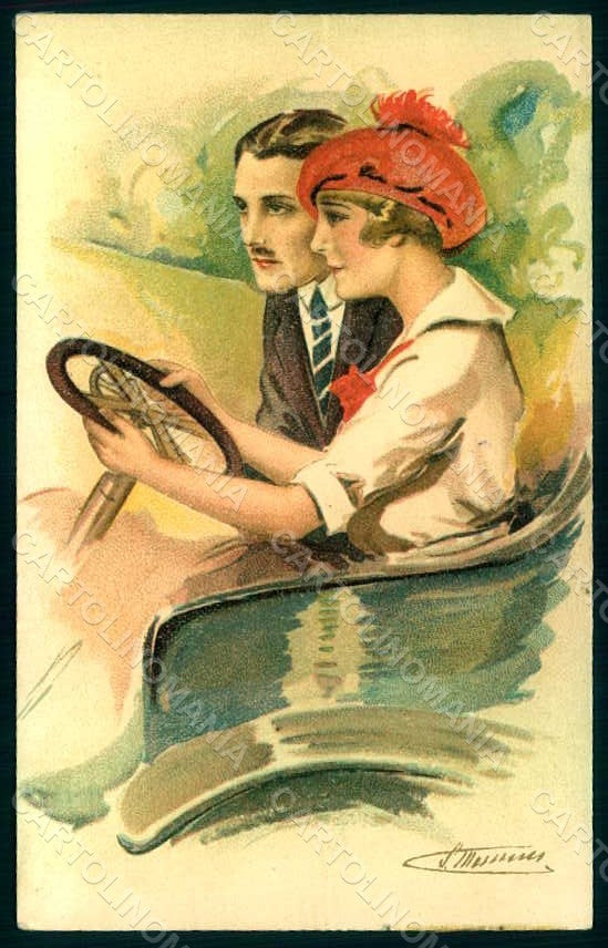 Artist Signed Meunier S. Glamour Fashion Lady Man Car serie 49-1 postcard HR1011 – fronte