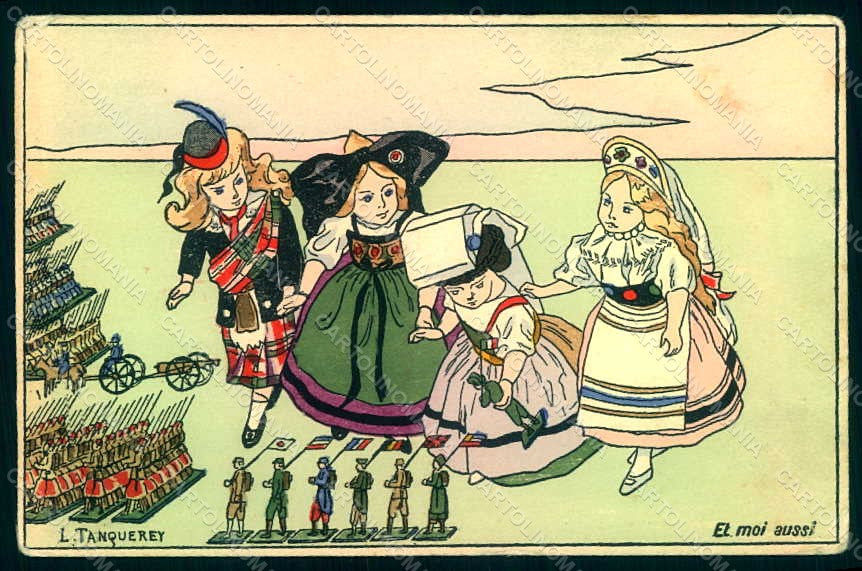 WWI WW1 French Propaganda Tanquerey Children Flag Hand Painted postcard HR1045 – fronte