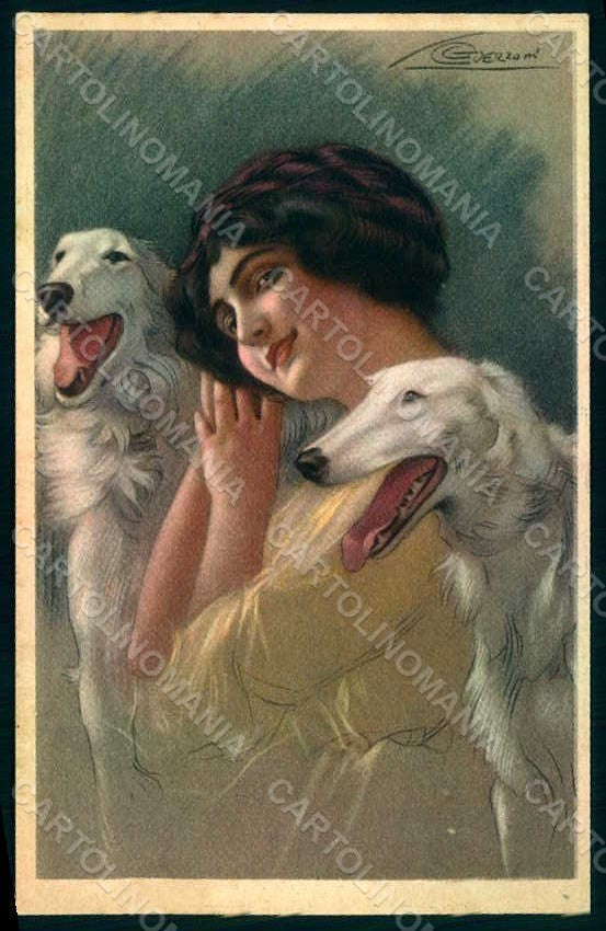 Artist Signed Guerzoni Lady Borzoi Dog serie 480-3 postcard HR1112 – fronte