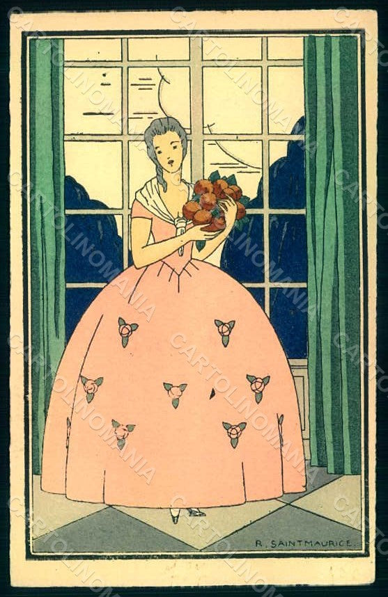 Artist Signed Saintmaurice Fashion Lady Art Deco Hand Painted postcard HR1129 – fronte