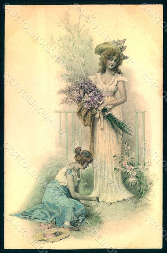 Artist Signed Lady Flowers Viennoise MM Vienne postcard HR1162 – fronte
