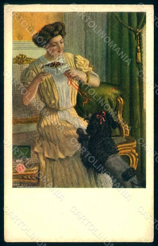 Artist Signed Mieris ? Alpha ? Lady Poodle Dog MM Vienne 527 postcard HR1171 – fronte