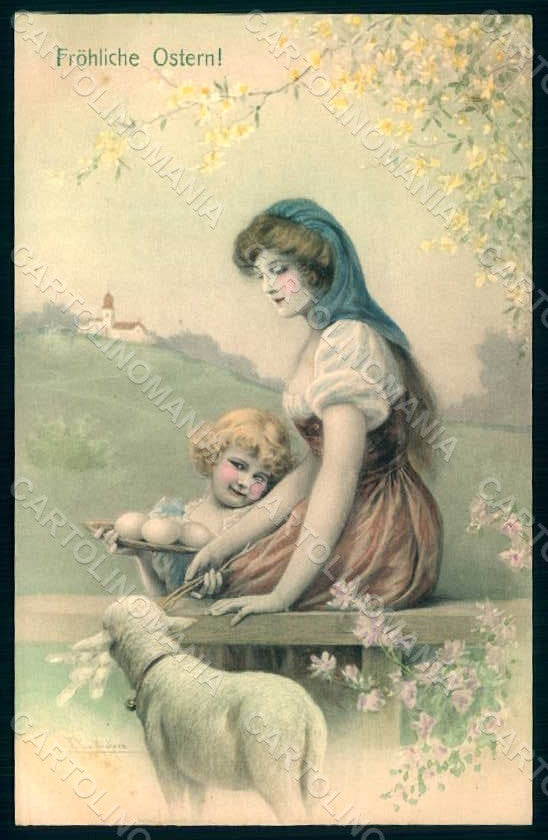 Artist Signed Wichera Lady Girl Lamb Egg Easter MM Vienne 300 postcard HR1186 – fronte