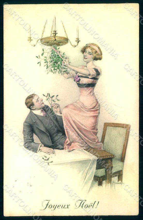 Artist Signed Kuderna Lady Couple Christmas Mistletoe MM Vienne 691 pc HR1187 – fronte