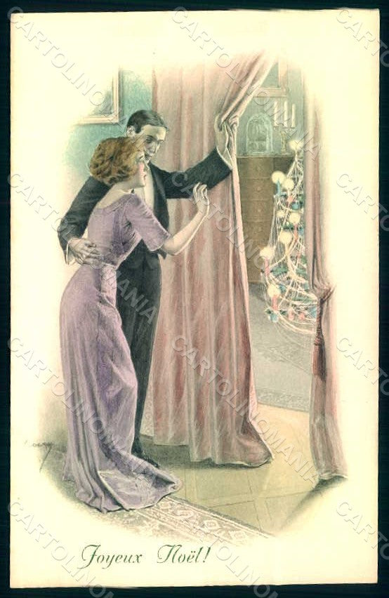 Artist Signed Kuderna Lady Couple Christmas Tree MM Vienne 691 postcard HR1192 – fronte